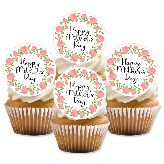 Pink Floral Mothers Day Cupcake Toppers on white frosted cupcakes