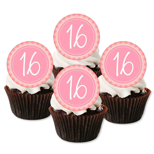 pink flower 16th cupcake toppers placed on chocolate cupcakes