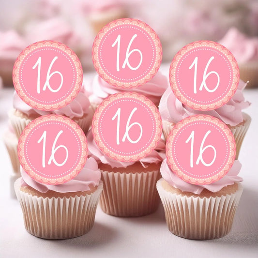 pink flower 16th cupcake toppers placed on pink frosted cupcakes