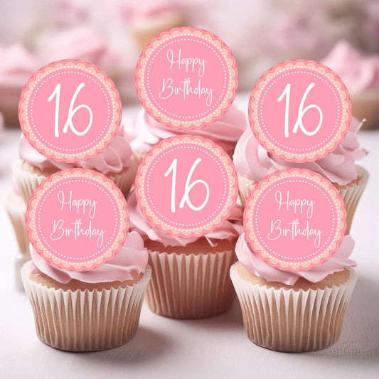 pink floral 16th birthday edible cupcake toppers placed on pink frosted cupcakes
