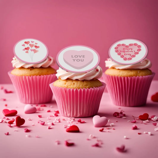 Pink Valentines Day Edible Cupcake Toppers on pink frosted cupcakes with sprinkles