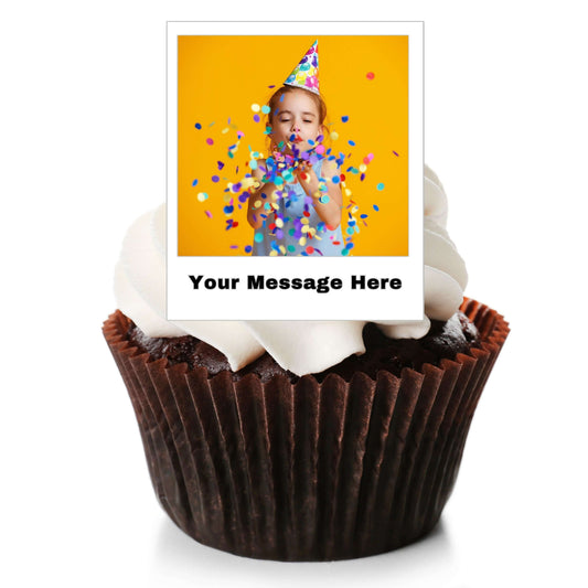 polaroid style edible Personalised Cupcake Toppers on top of a cupcake with white frosting