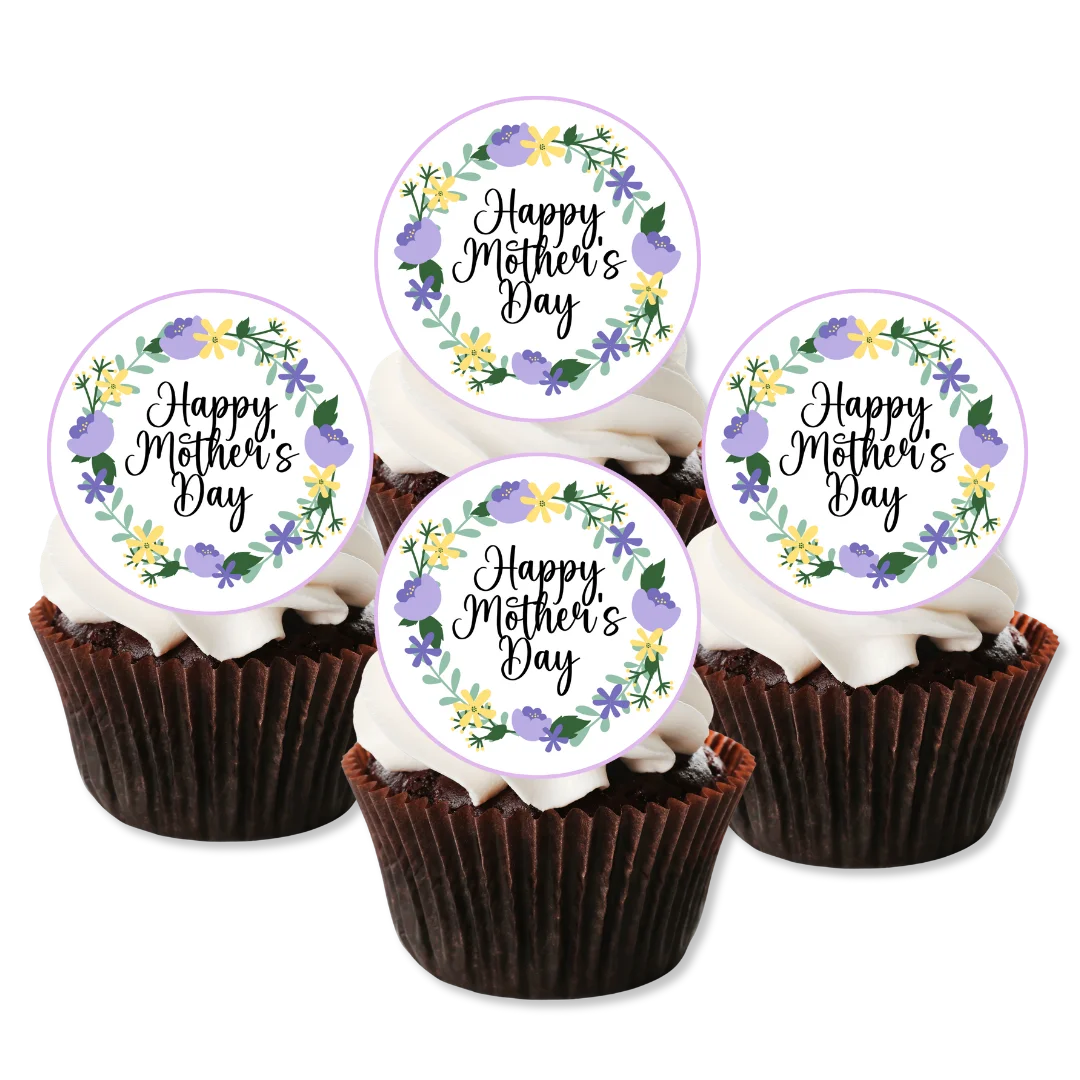 Purple floral mother's day edible toppers placed on chocolate frosted cupcakes