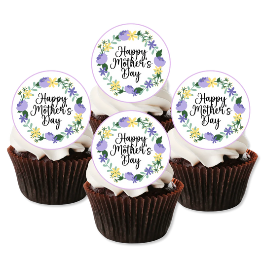 Purple Floral Mothers Day Cupcake Toppers placed on chocolate frosted cupcakes