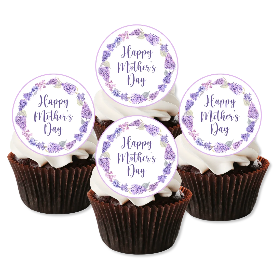 Purple wisteria happy mothers day cupcake toppers, placed on frosted chocolate cupcakes