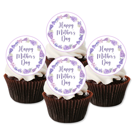 Purple wisteria happy mothers day cupcake toppers, placed on frosted chocolate cupcakes