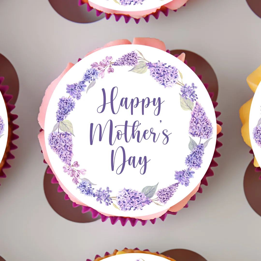 Purple wisteria happy mothers day cupcake toppers, placed on pink frosted cupcakes