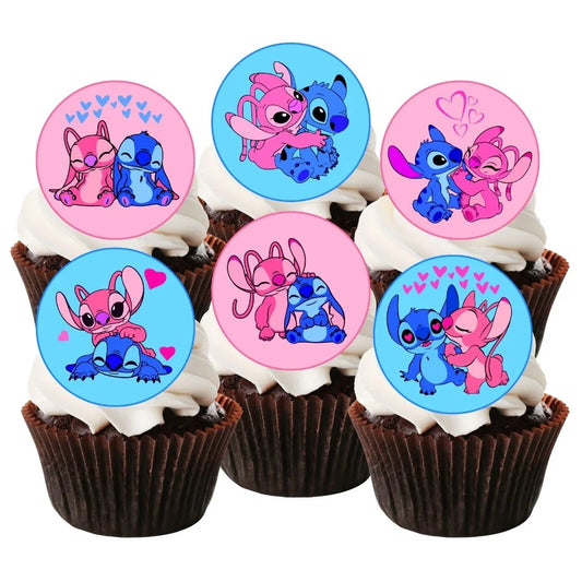 Stitch And Angel Themed Edible Cupcake Toppers on chocolate cupcakes with white frosting