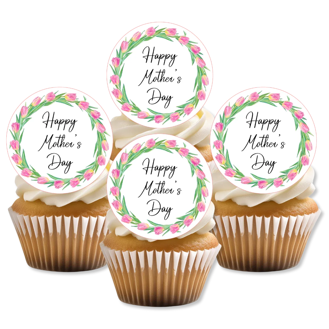 Spring tulip mothers day edible cupcake toppers, placed on white frosted cupcakes