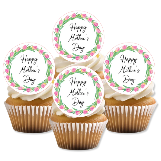 Spring tulip mothers day cupcake toppers, placed on white frosted cupcakes