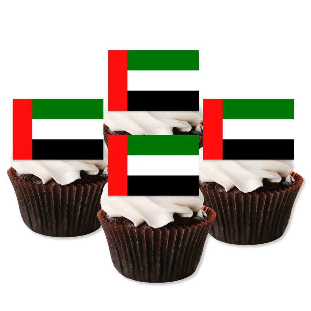 United Arab Emirates Flag Edible Cupcake Toppers on chocolate cupcakes with white frosting