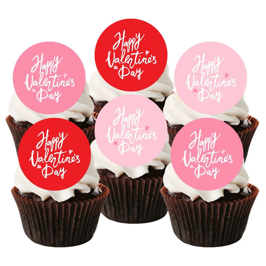 pink and red happy valentines day edible cupcake toppers on chocolate frosted cupcakes