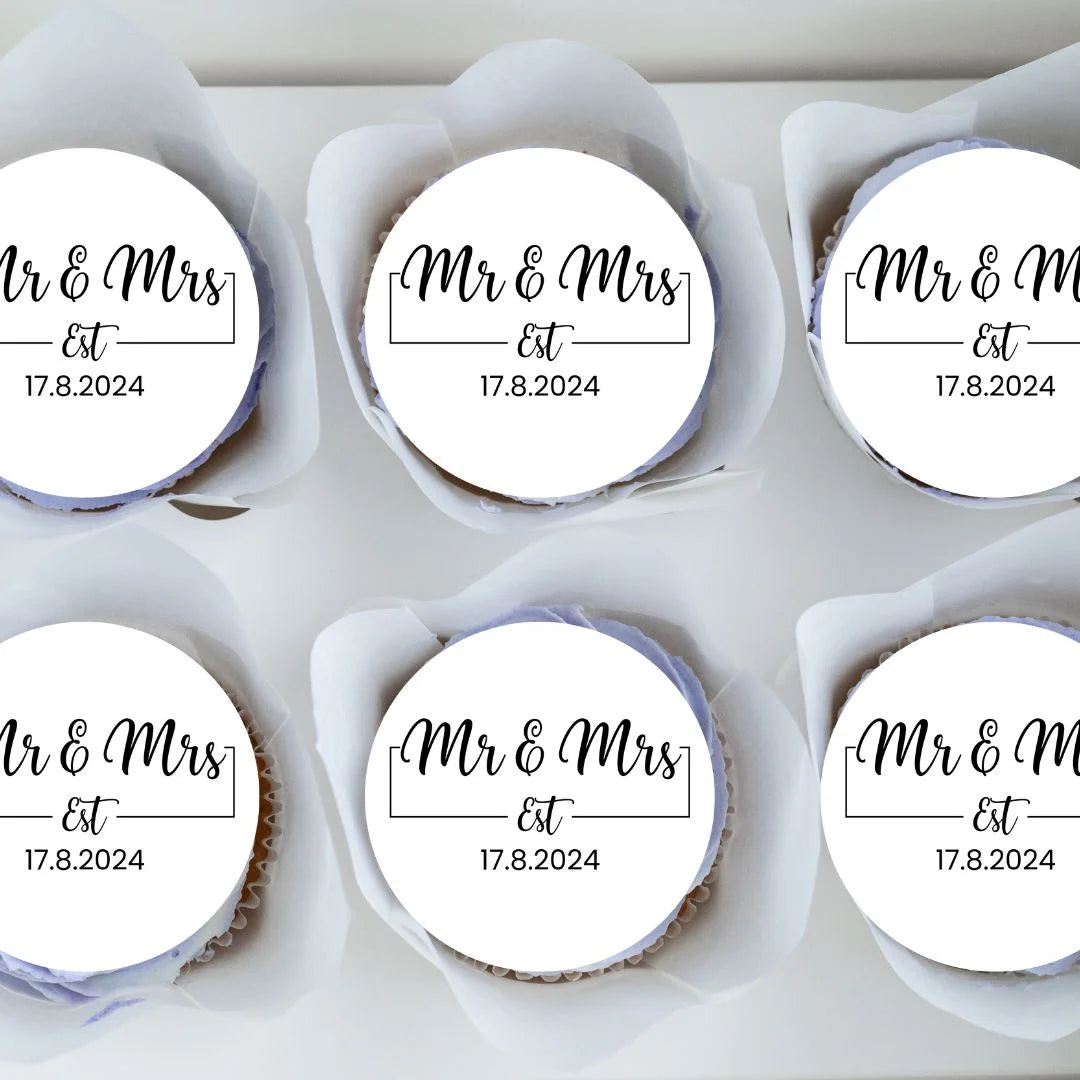 black and white classic mr and mrs personalised cupcake toppers with the custom date