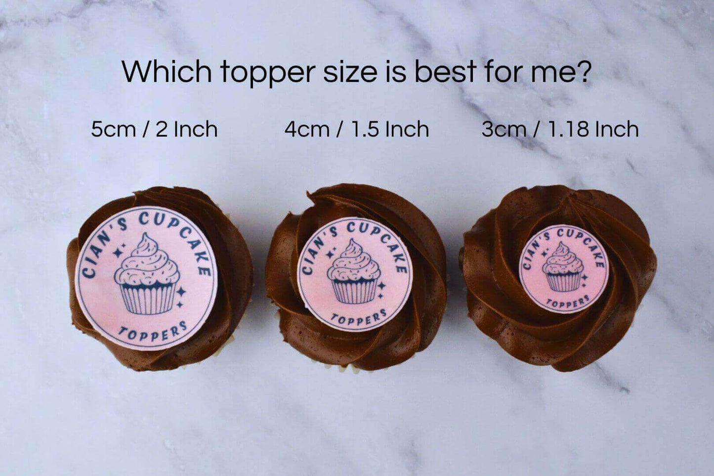 Chocolate cupcakeswith different sizes cupcake toppers in the icing, to display how the different sizes look