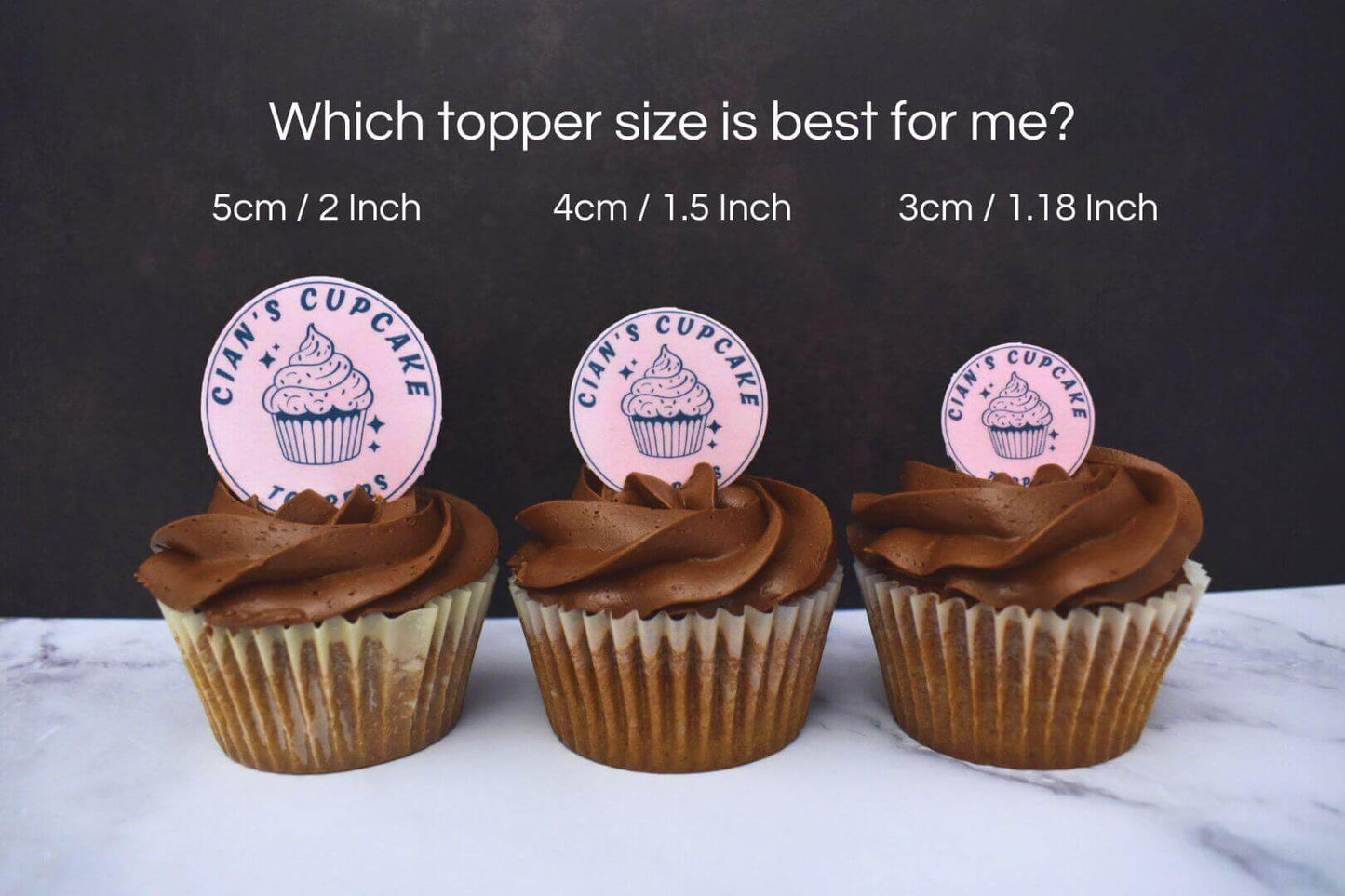 Chocolate cupcakes with different sizes Personalised Cupcake Toppers in the icing, to display how the different sizes look