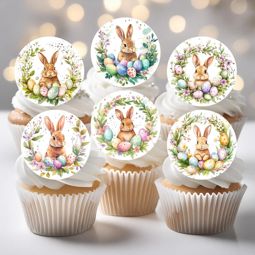 Easter bunny wreath design edible cupcake toppers, placed on white frosted cupcakes