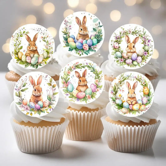 Easter bunny wreath design edible cupcake toppers, placed on white frosted cupcakes