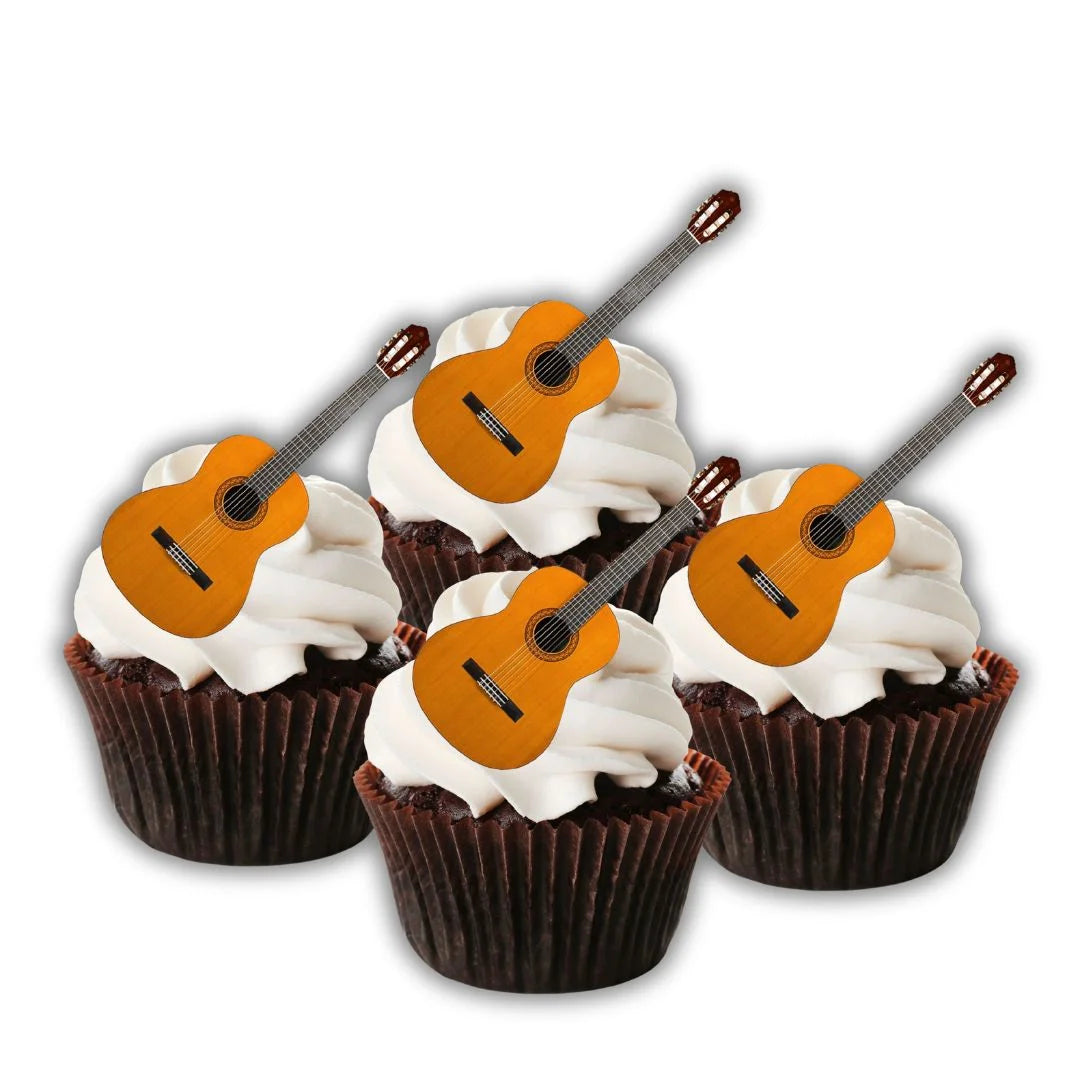 Acoustic Guitar Edible Cupcake Toppers on chocolate cupcakes with white frosting