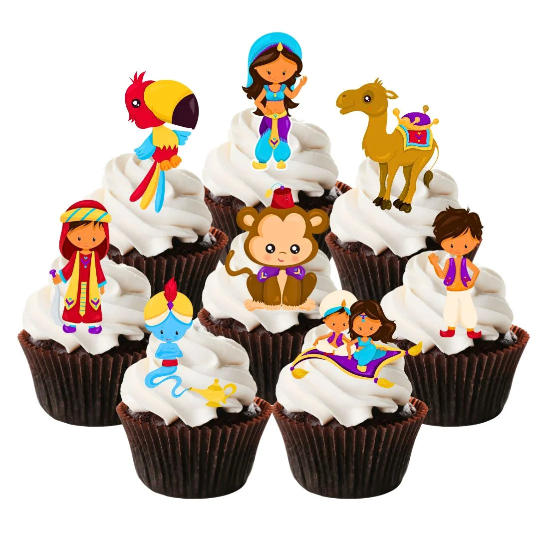 Aladdin Theme Edible Cupcake Toppers on chocolate cupcakes with white frosting