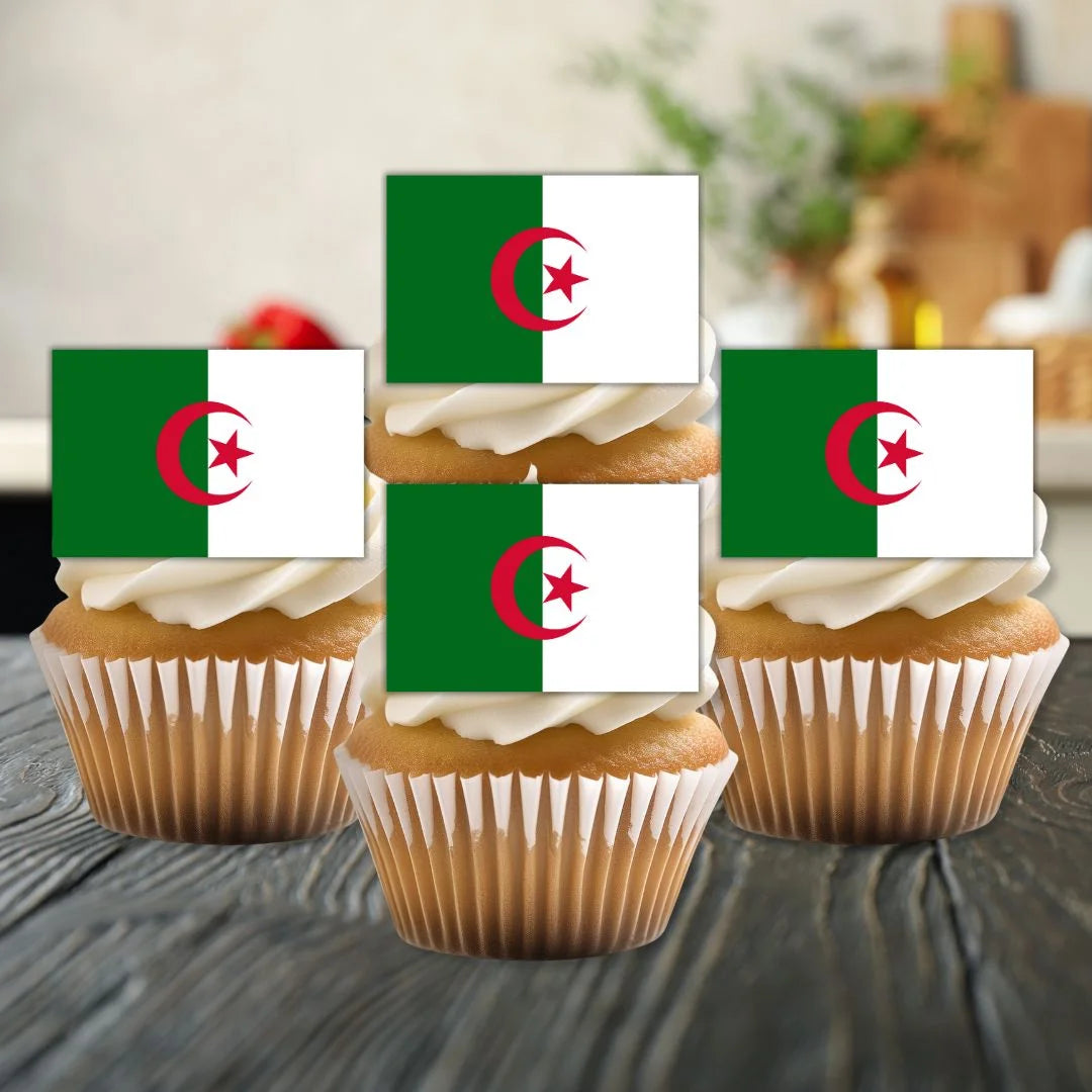 Algeria Flag Edible Cupcake Toppers on sponge cupcakes with white frosting