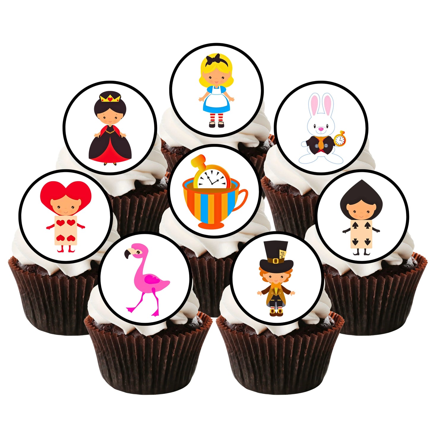 Alice In Wonderland Theme Edible Cupcake Toppers on chocolate cupcakes with white frosting