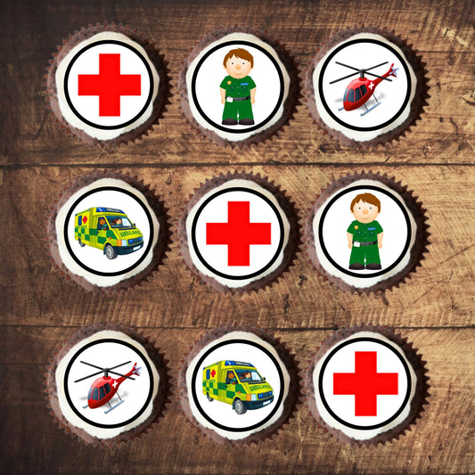 Ambulance Edible Cupcake Toppers on chocolate cupcakes with white frosting