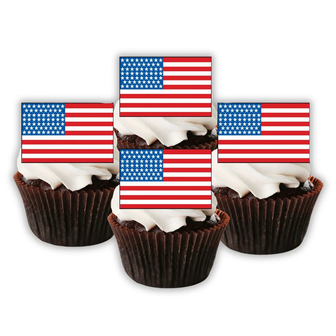 American Flag Edible Cupcake Toppers on white frosted cupcakes