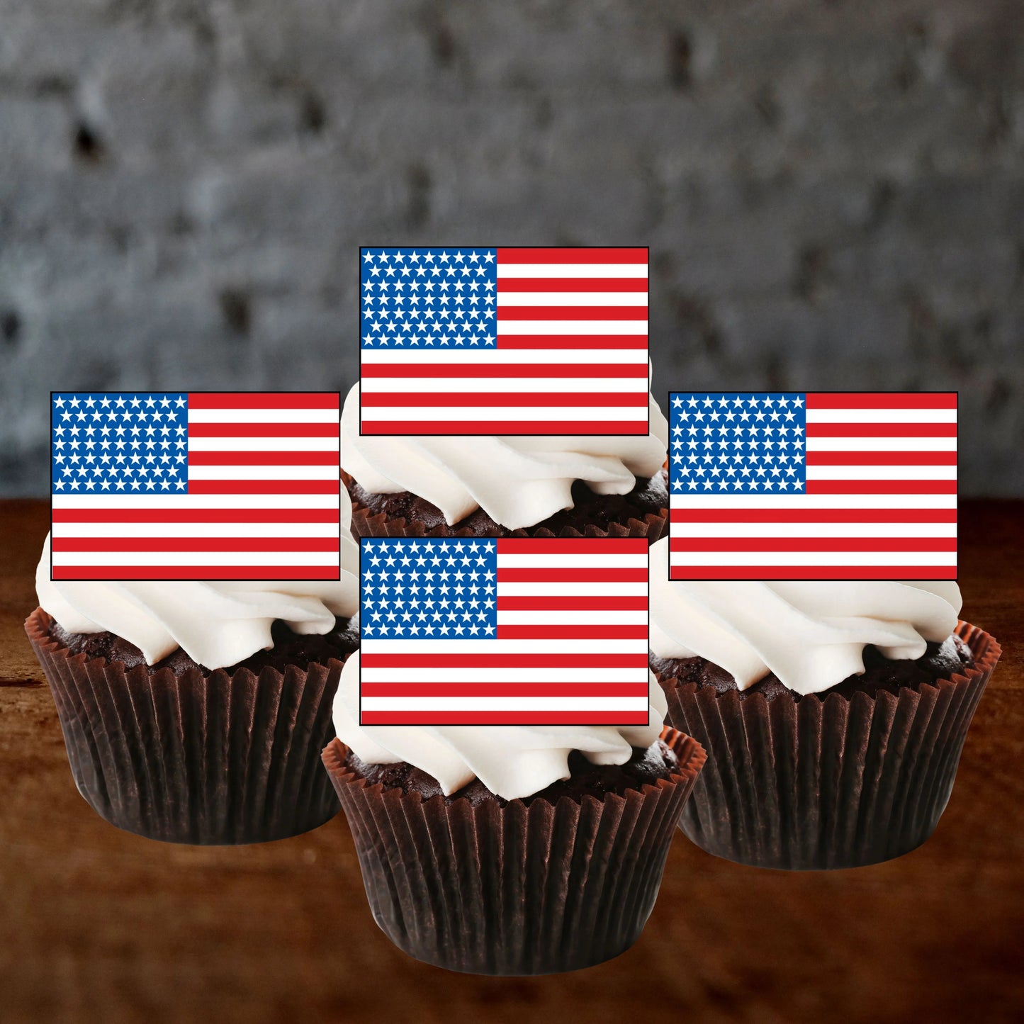 American Flag Edible Cupcake Toppers on chocolate cupcakes with white frosting