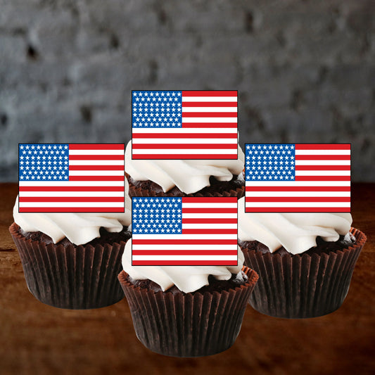 American Flag Edible Cupcake Toppers on chocolate cupcakes with white frosting