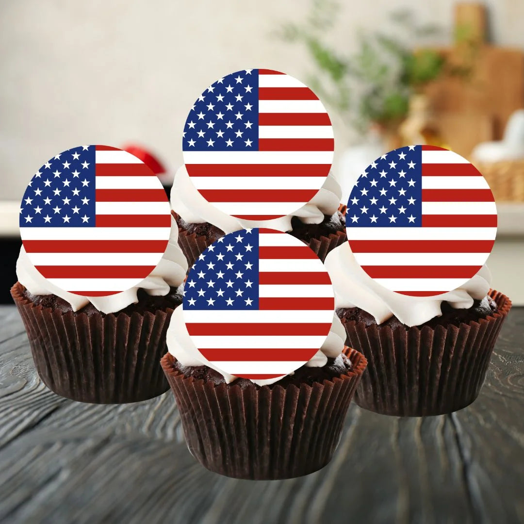 American Flag Round Edible Cupcake Toppers on chocolate cupcakes with white frosting