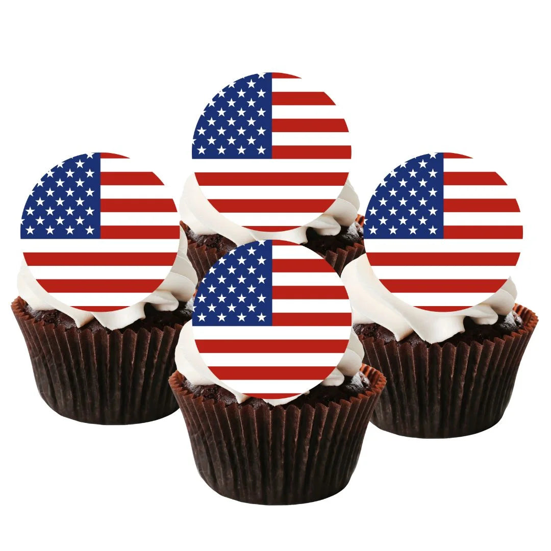American Flag Round Edible Cupcake Toppers on chocolate cupcakes with white frosting