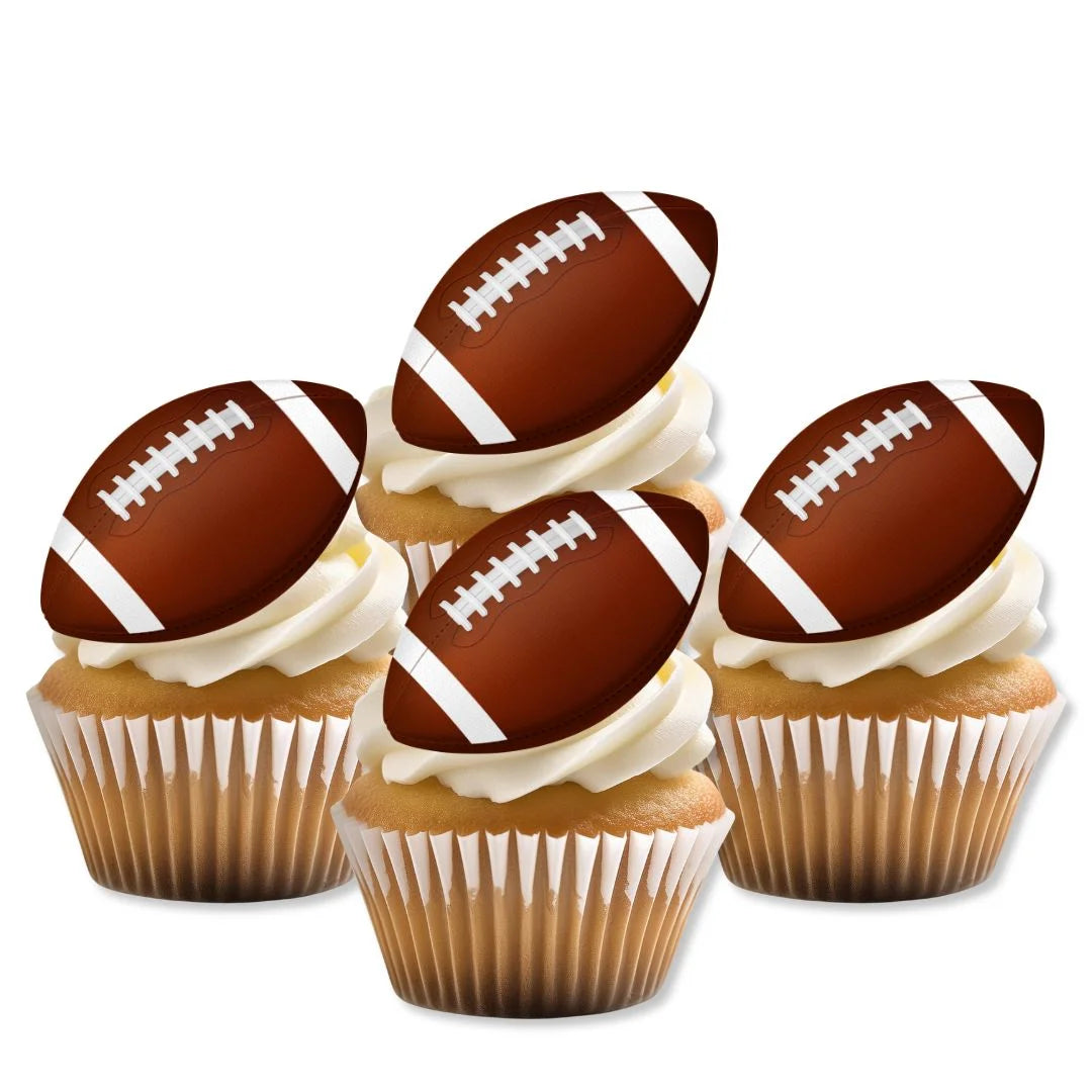 American Football Ball Edible Cupcake Toppers on white frosted cupcakes