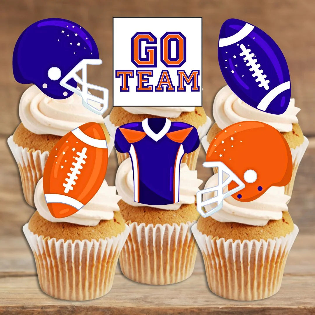 American Football Blue + Orange Edible Cupcake Toppers on white frosted cupcakes