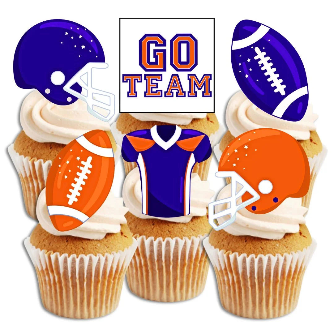 American Football Blue + Orange Edible Cupcake Toppers on white frosted cupcakes