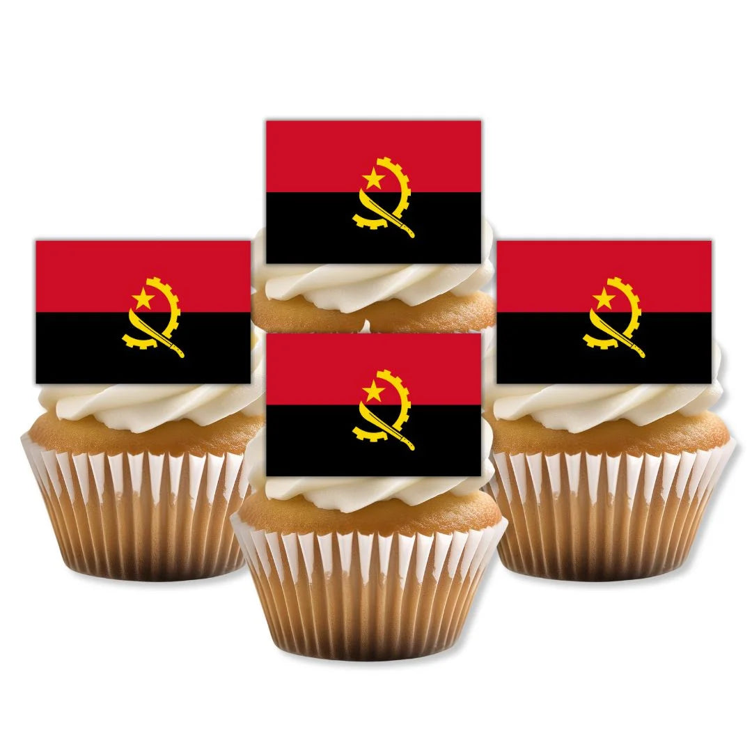 Angola Flag Edible Cupcake Toppers on sponge cupcakes with white frosting