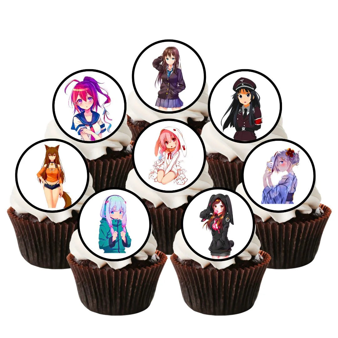 Anime Girls Edible Cupcake Toppers on chocolate cupcakes with white frosting