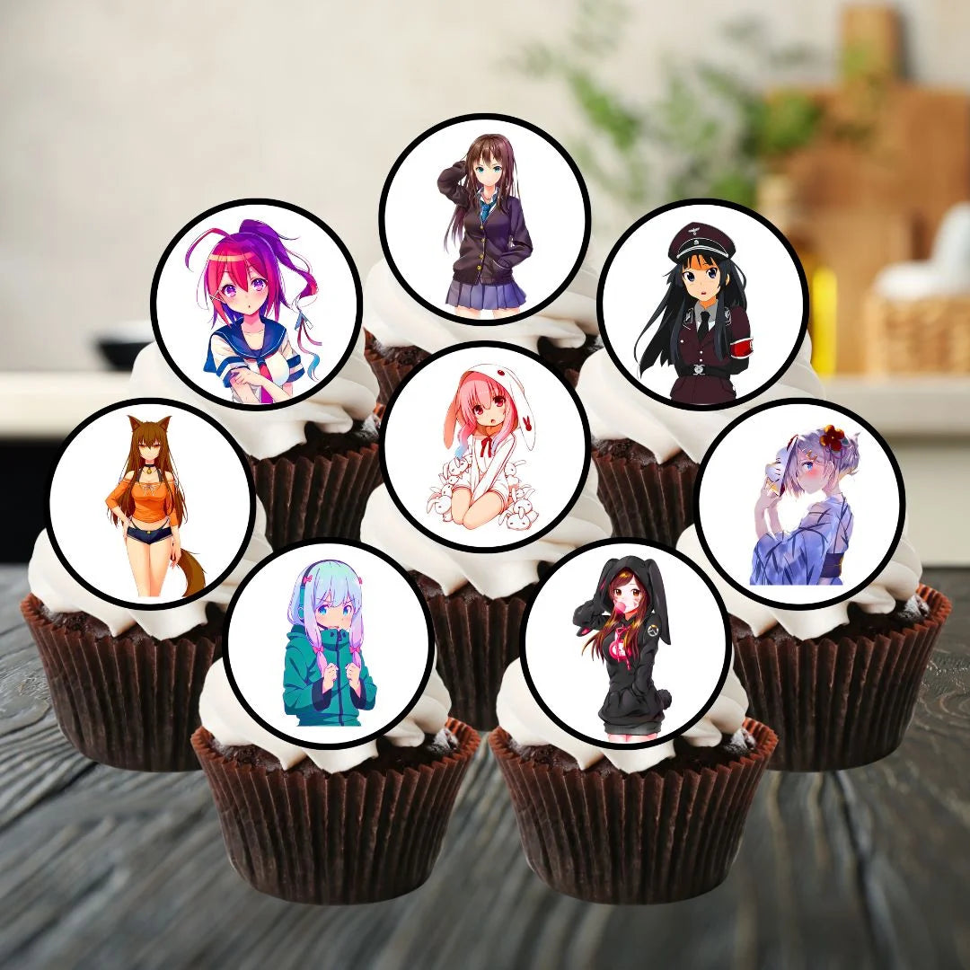 Anime Girls Edible Cupcake Toppers on chocolate cupcakes with white frosting