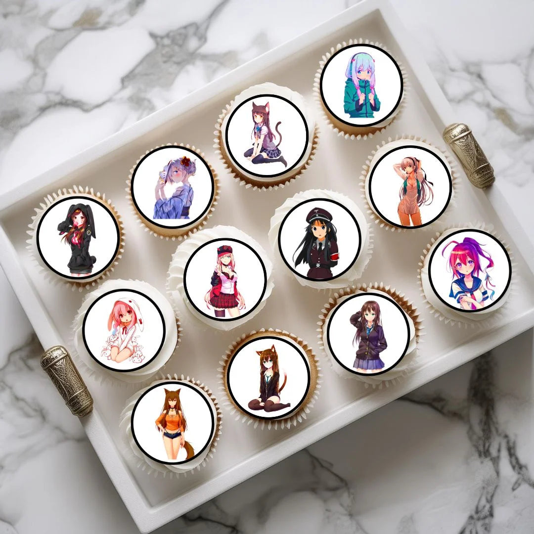 Anime Girls Edible Cupcake Toppers on chocolate cupcakes with white frosting