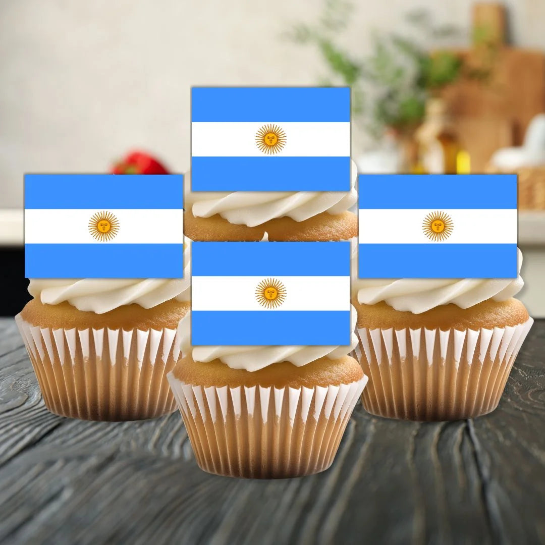 Argentina Flag Edible Cupcake Toppers on white frosted cupcakes