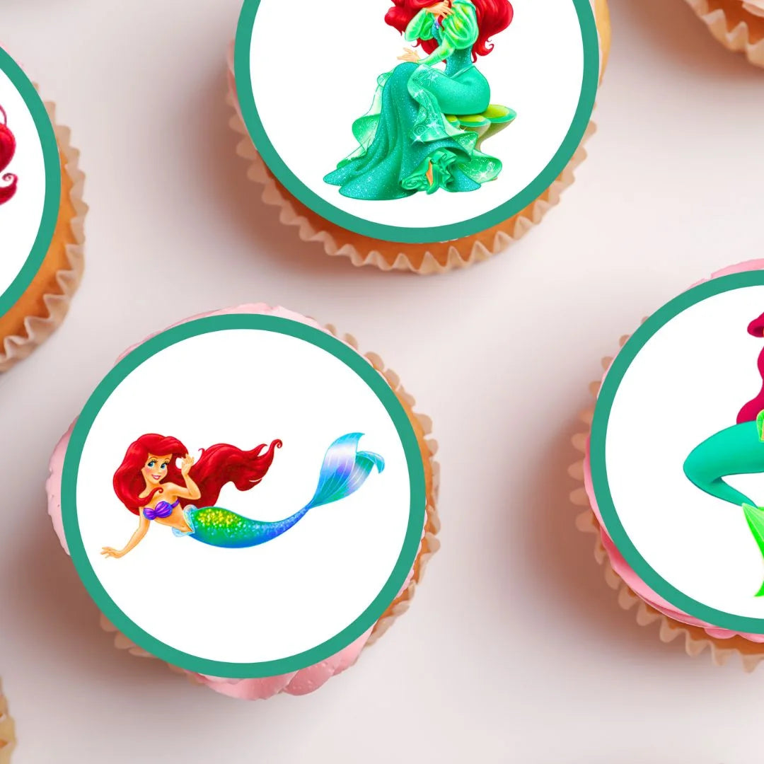Princess Ariel Edible Cupcake Toppers on chocolate cupcakes with white frosting