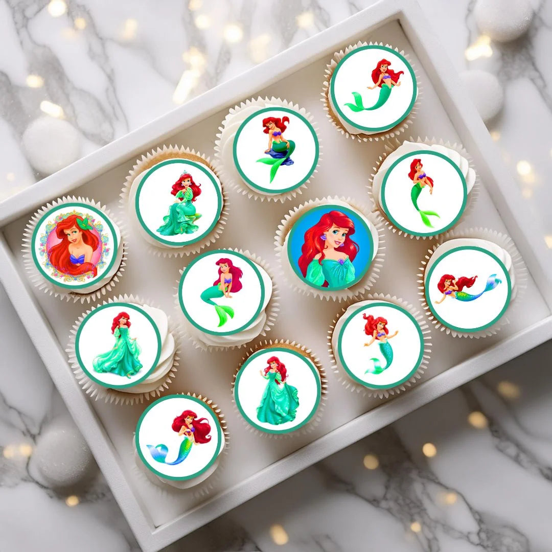Princess Ariel Edible Cupcake Toppers on chocolate cupcakes with white frosting