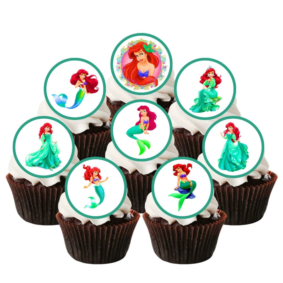 Princess Ariel Edible Cupcake Toppers on chocolate cupcakes with white frosting