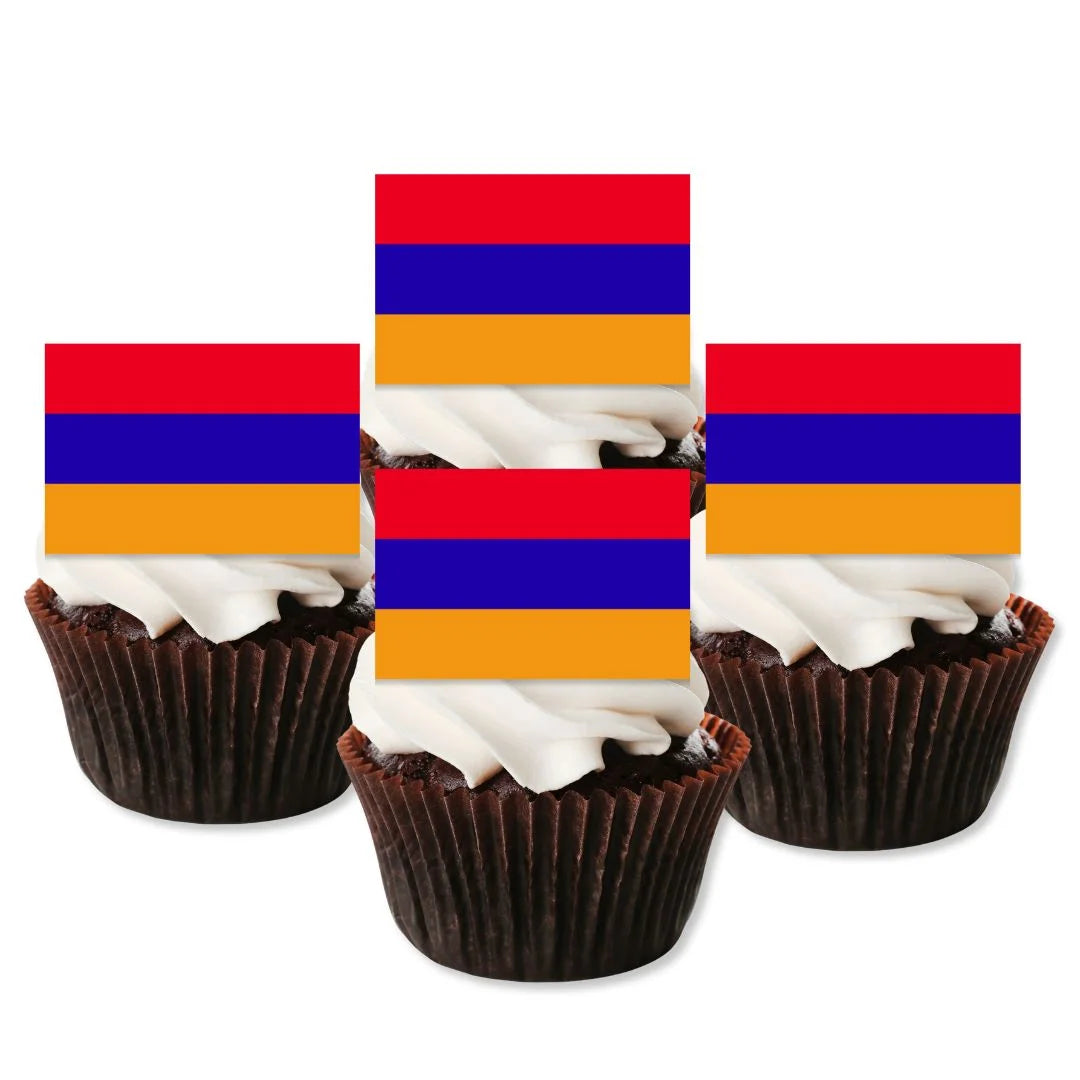 Armenia Flag Edible Cupcake Toppers on chocolate cupcakes with white frosting