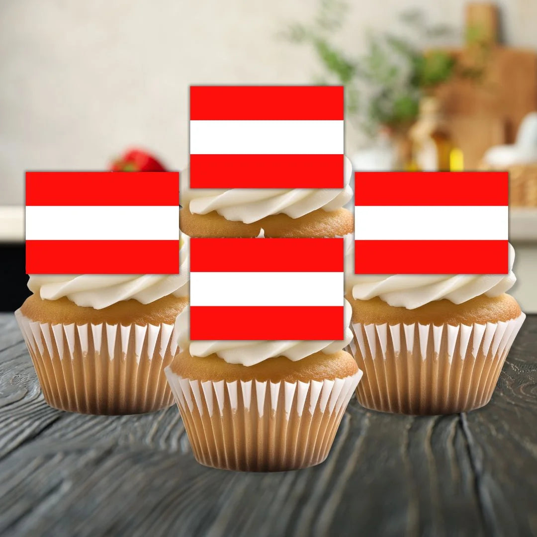 Austria Flag Edible Cupcake Toppers on white frosted cupcakes