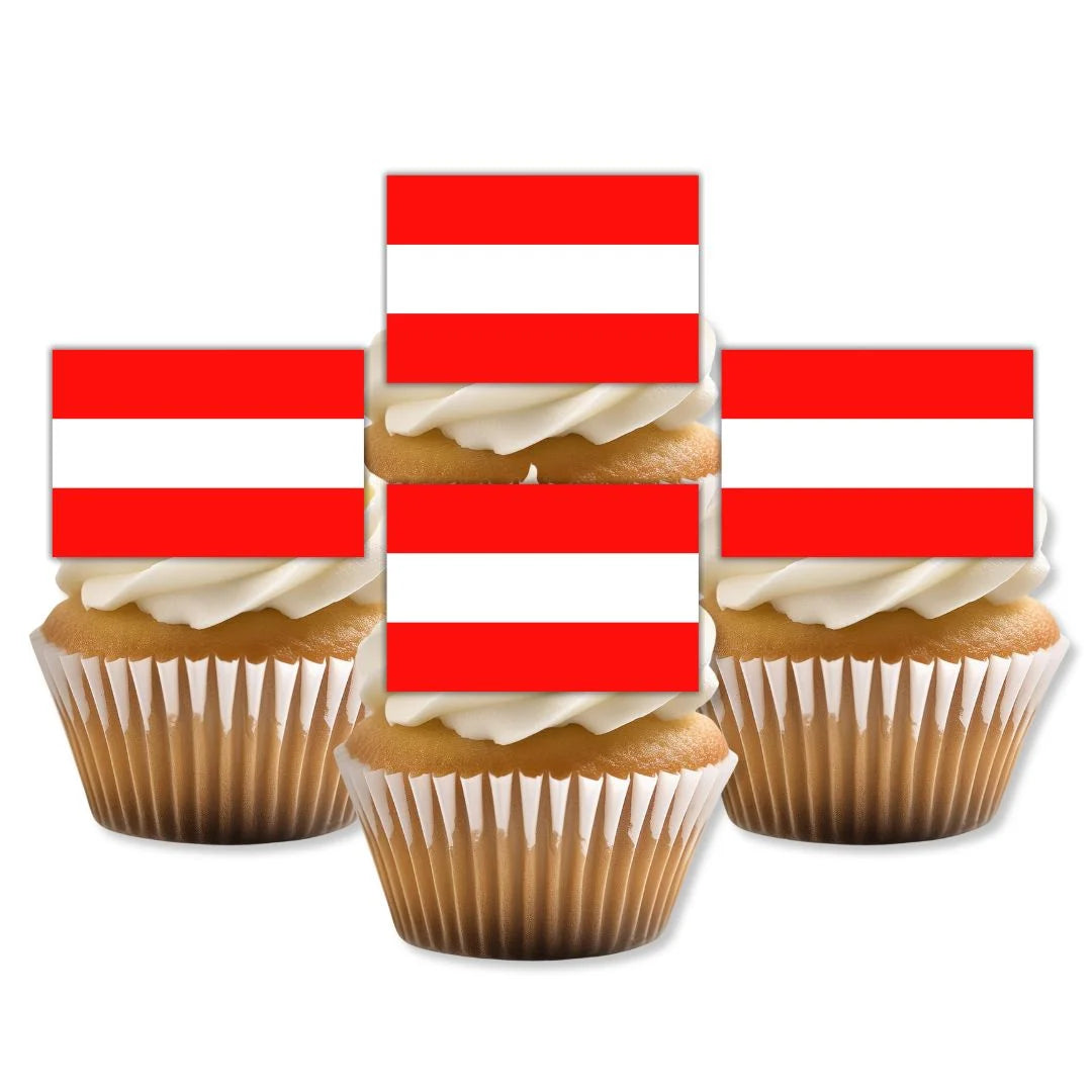 Austria Flag Edible Cupcake Toppers on white frosted cupcakes