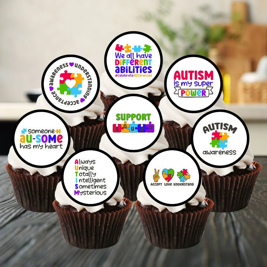 Autism Awareness Edible Cupcake Toppers on chocolate cupcakes with white frosting