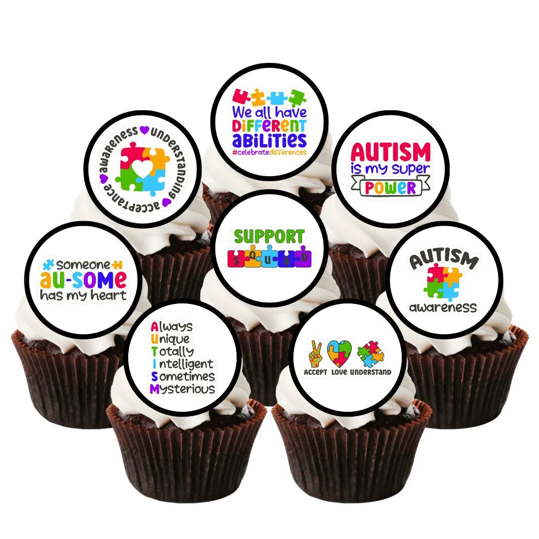 Autism Awareness Edible Cupcake Toppers on chocolate cupcakes with white frosting