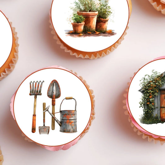 close up of Autumn Garden Edible Cupcake Toppers on chocolate cupcakes with pink frosting