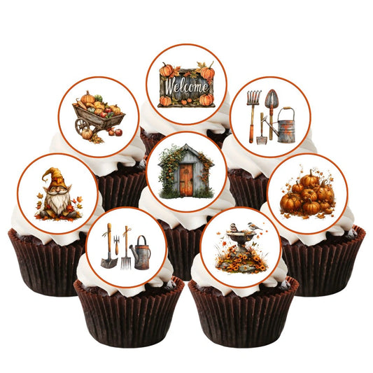Autumn Garden Edible Cupcake Toppers on chocolate cupcakes with white frosting