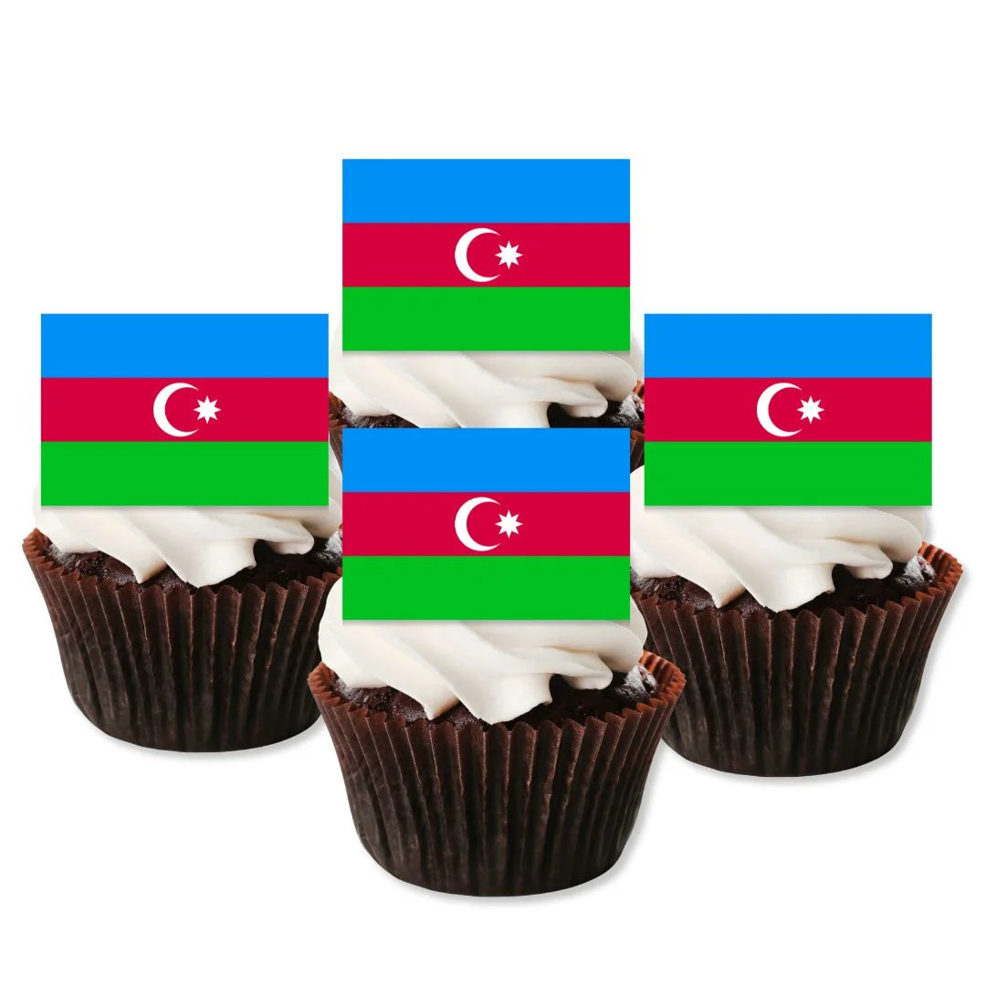 Azerbaijan Flag Edible Cupcake Toppers on chocolate cupcakes with white frosting
